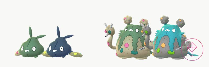 Shiny Trubbish and Garbodor with their regular forms. Shiny Trubbish is more of a dark teal with yellow bits in its arms. Garbodor is more teal with orange and lime green trash bits.
