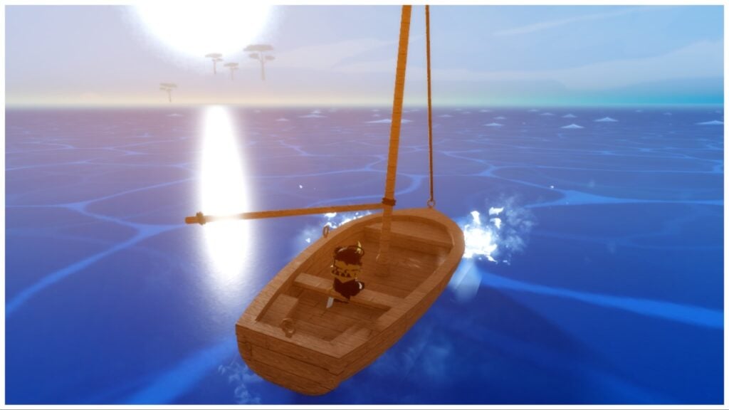 Feature image for our Demon Piece Kuma Raid Guide showing my avatar on a boat on the vast ocean during sunrise
