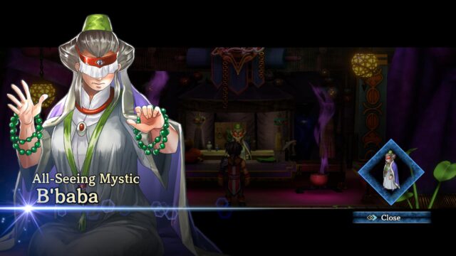 Eiyuden Chronicle: Hundred Heroes 게임의 스크린샷에서는 All-Seeing Mystic B'baba가 동맹에 합류하는 모습을 보여줍니다.
