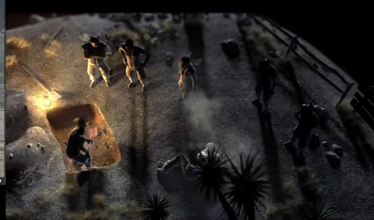 A gang of goons stand above a bound figured. One of them is digging a grave. The scene is very threatening and ominous.