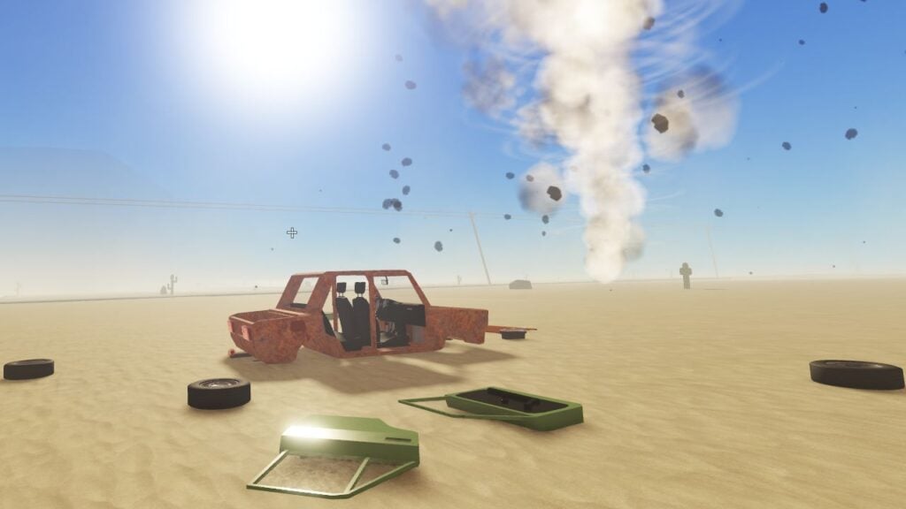 Feature image for our guide on how to drive in A Dusty Trip. It shows a disassembled car next to a twister in the desert.