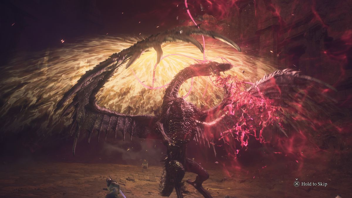 A dragon recoils from damage in Dragon’s Dogma 2