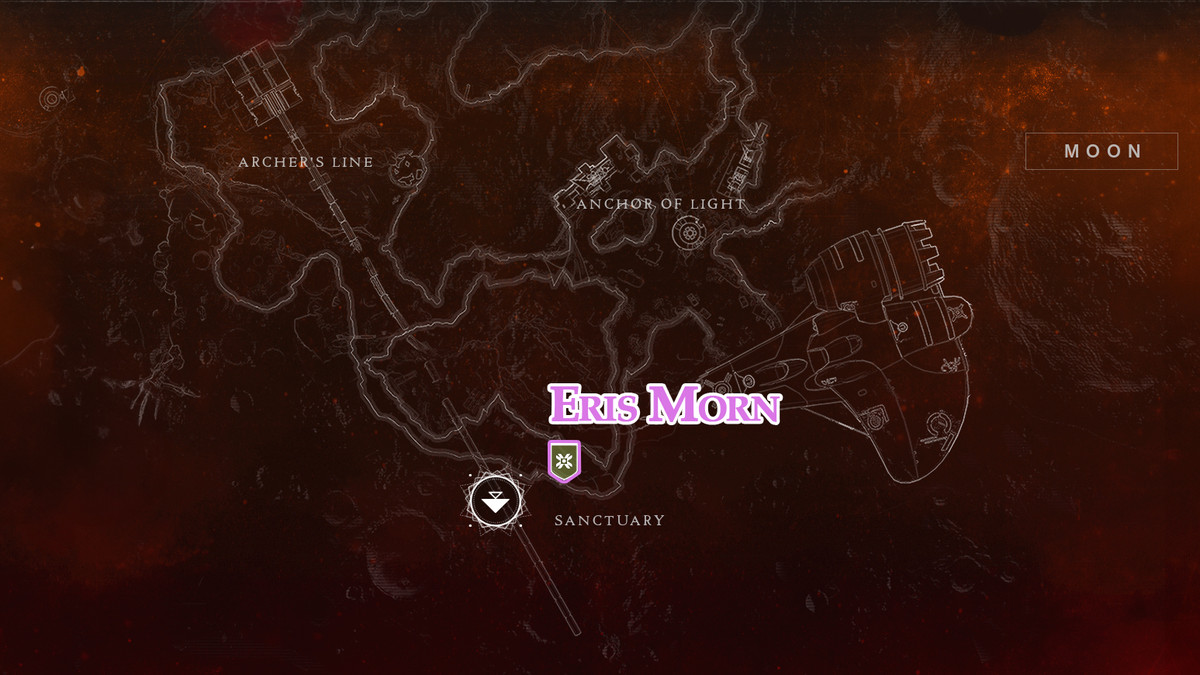 نقشه ای از ماه در Destiny 2 که موقعیت اریس مورن را نشان می دهد