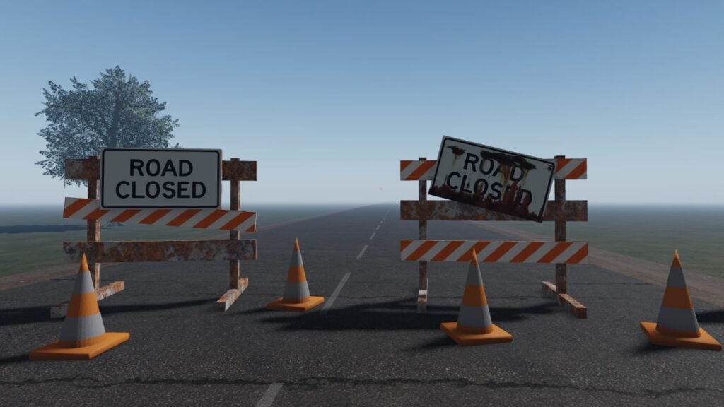 我们关于如何在 Roblox 上玩 The Long Drive 的指南的特色图片。它显示了游戏中封闭的道路障碍。