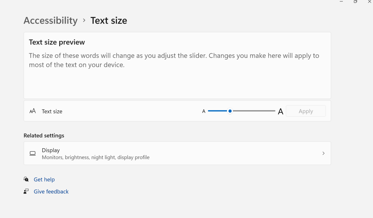 Windows settings increasing text size