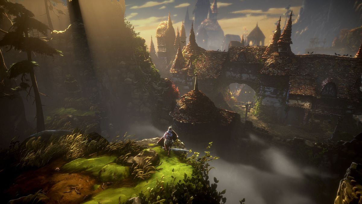 The player character on a cliff with the ruins of a castle in the distance in No Rest for the Wicked