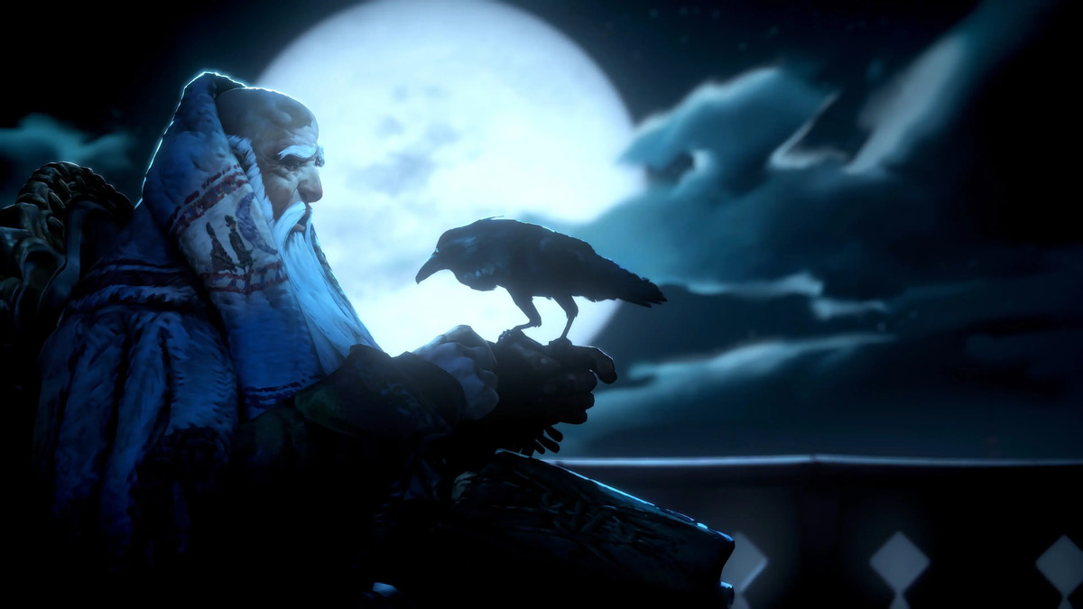 An old man with a crow on his hand in front of a giant moon in No Rest for the Wicked.