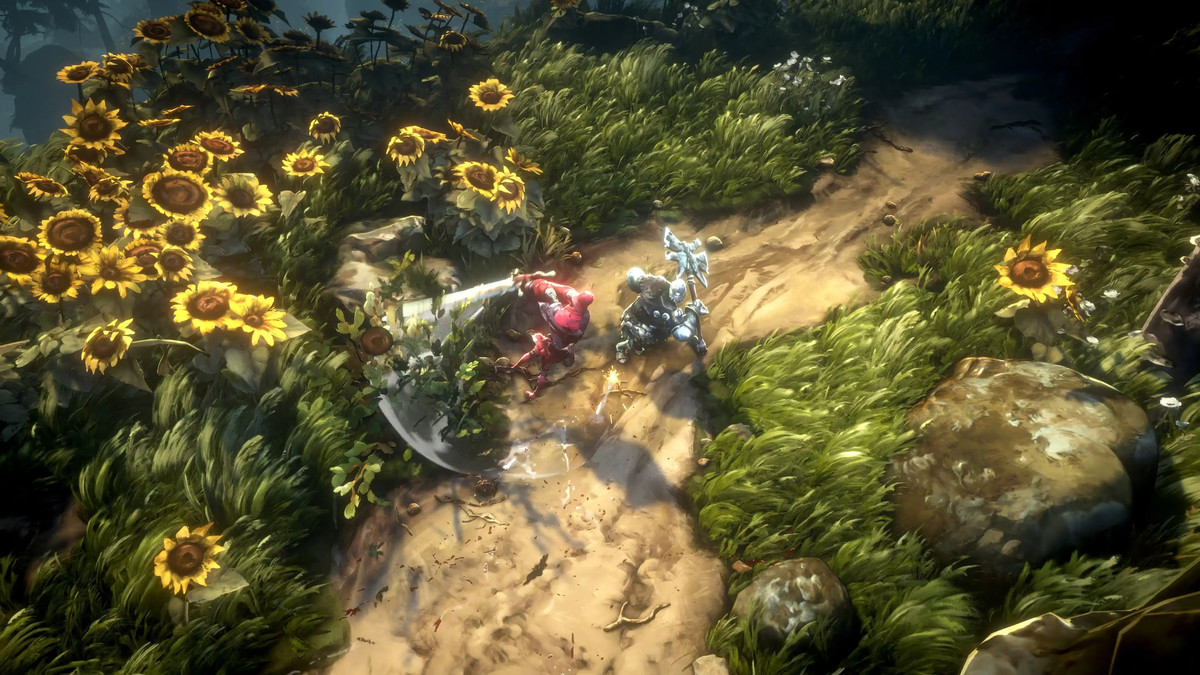 The player character fighting enemies in a field of sunflowers in No Rest for the Wicked
