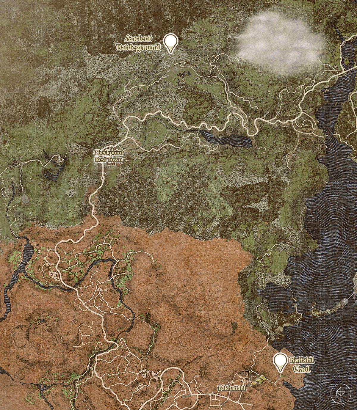 Dragon’s Dogma 2 map showing the locations of the Battahl Gaol and the Ancient Battleground