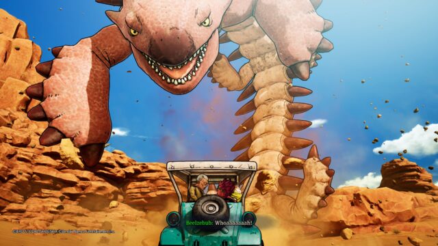 Screenshot of the game Sand Land showing a geki dragon looming over the gang in their car as they're all shouting.