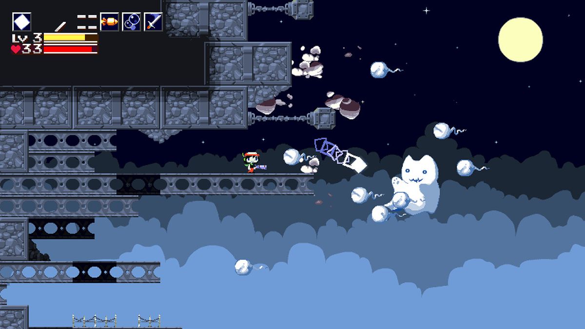 게임의 주인공인 Quote가 절벽 끝에 서서 발사체를 발사하는 고양이 같은 유령 적과 함께 있는 Cave Story의 스크린샷입니다.