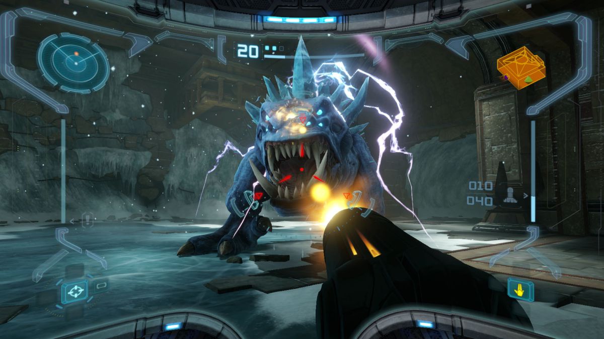 در منظر اول شخص، ساموس در بازی Metroid Prime Remastered به سمت رئیس یخی شلیک می کند.
