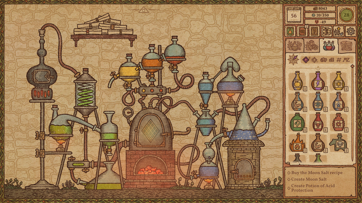 تصویری با رنگ قهوه ای با تعداد زیادی ویال معجون که به یکدیگر در Potion Craft: Alchemist Simulator هدایت می شوند. به طرز لذت بخشی پیچیده و پیچیده به نظر می رسد