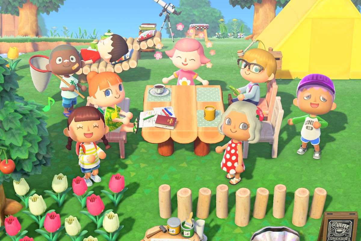 Animal Crossing: New Horizons의 피크닉 테이블 주위에 8명의 주민들이 모였습니다.