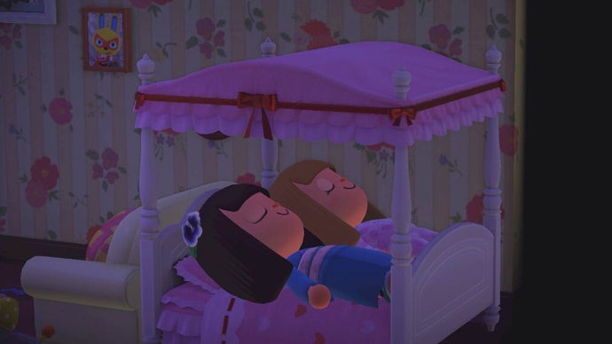 Bedtime in Animal Crossing - two players asleep in a four poster bed