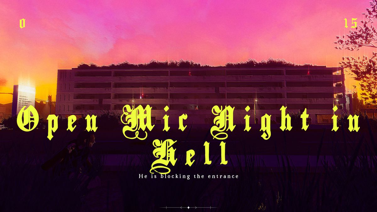A woman crouching outside of an office building with guards stationed on several floors with the words ‘Open Mic Night in Hell’ in florid yellow text superimposed on the screen.