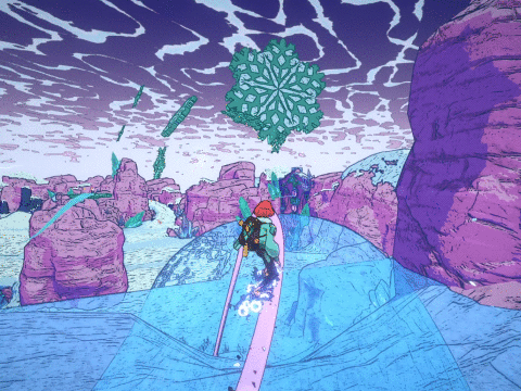 A gif from Dungeons of Hinterberg showing the player riding a magic snowboard on a pink grind rail trhough a frosty mountainous world