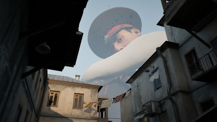 Official screen from Militsioner, showing a giant policeman sulking against the sky, looking down to you with rooftops of an old Russian village in the foreground.