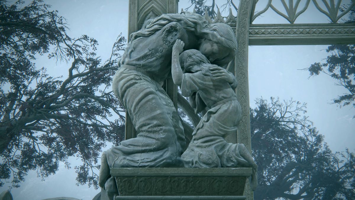 A stone statue depicting rot-afflicted Malenia embracing her brother Miquella at the entryway to Haligtree Promenade in Elden Ring